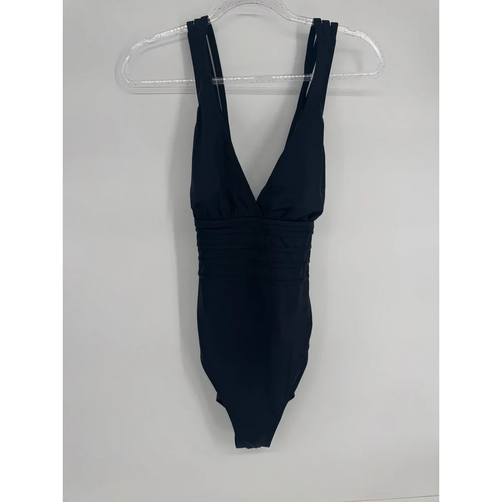 La Blanca Sz 12 Black V-Neck One-Piece Swimsuit Ruched Criss Cross Back Straps